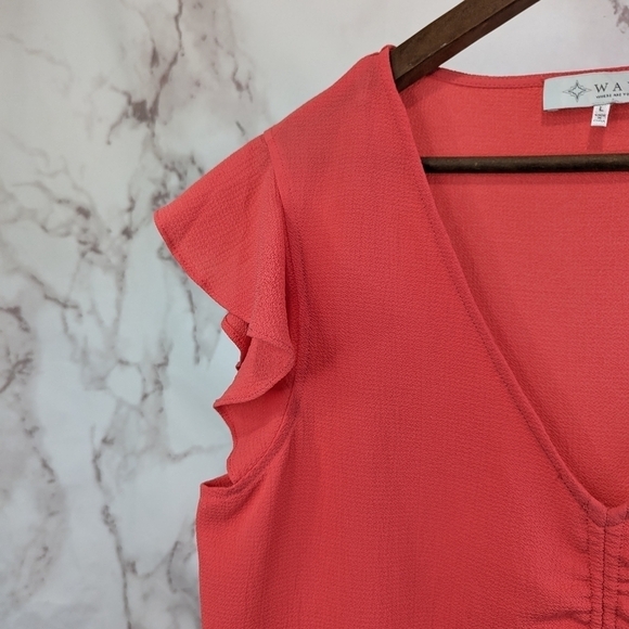 Wayf Shirt Womens Large Pink Salmon Coral Peplum Flutter Tie V Neck Crepe Blouse - Picture 2 of 11